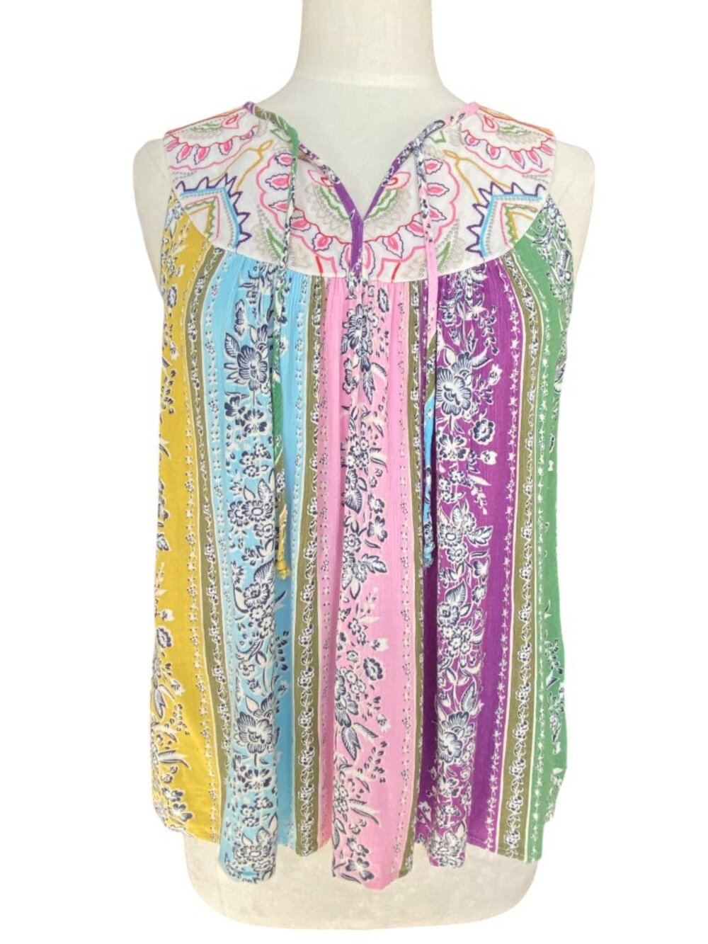 Anthropologie One September OS Patchwork Embroidered Tank Top Colorful Gauzy-S